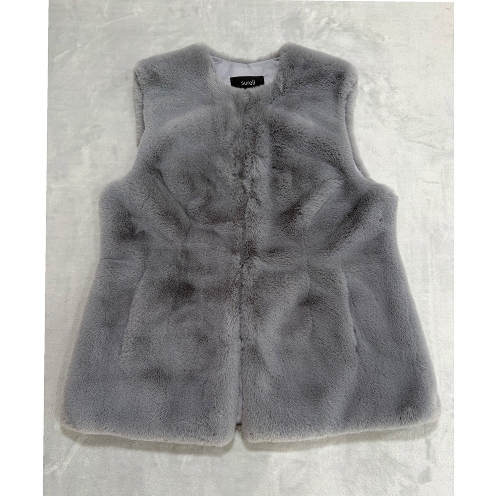 Surell Womens Faux Fur Vest S/M Grey Collarless Layering Maximalist Winter Chic